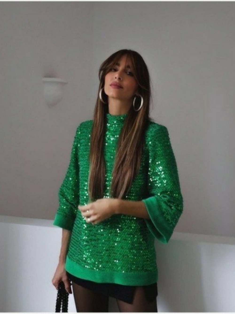 ZARA NEW WOMAN SEQUIN TOP BLOUSE GREEN SIZE: L